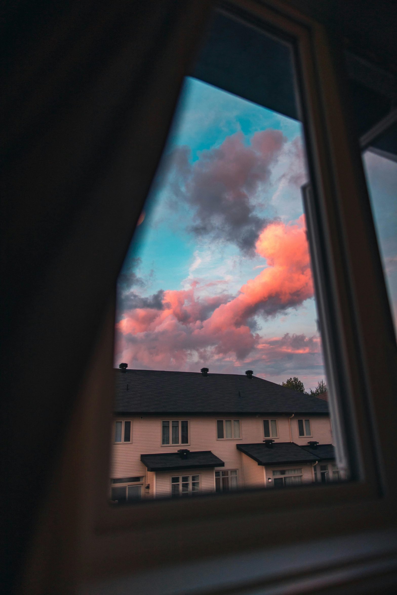 View from a window overlooking a cityscape with trees and rooftops under soft sunlight.