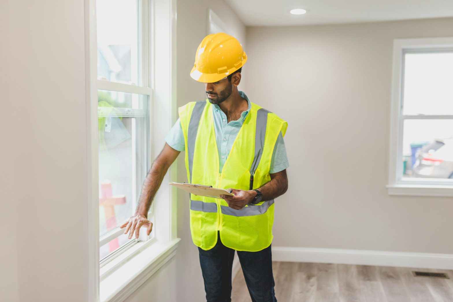 Home inspector checking a window for potential issues.